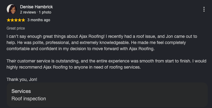 Google review from Denise Hambrick for Ajax Roofing