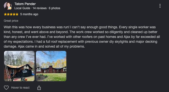 Google review from Tatom Pender for Ajax Roofing