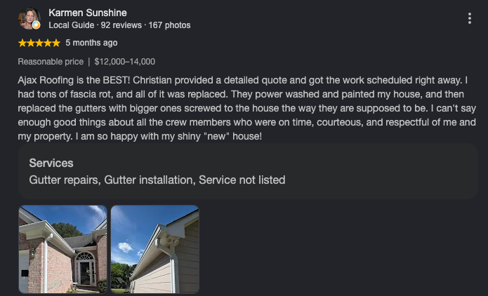 Google review from Karmen Sunshine for Ajax Roofing