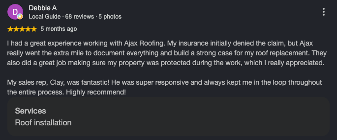 Google review from Debbie A. for Ajax Roofing
