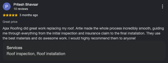 Google review from Pritesh Bhavsar for Ajax Roofing