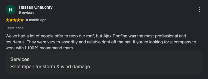Google review from Hassan Chaudhry for Ajax Roofing