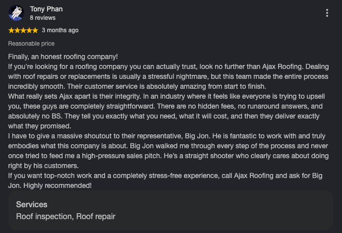 Google review from Tony Phan for Ajax Roofing