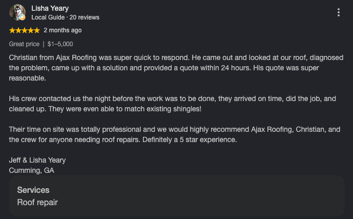 Google review from Lisha Yeary for Ajax Roofing