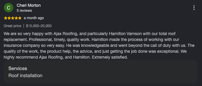 Google review from Cheri Morton for Ajax Roofing