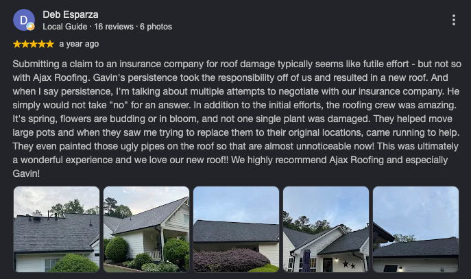 Google review from Deb Esparza for Ajax Roofing