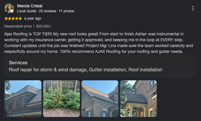 Google review from Marcia Cristal for Ajax Roofing